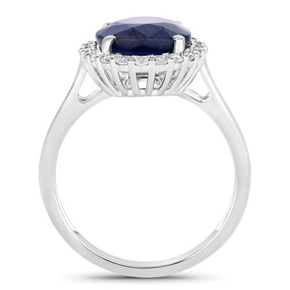 Anillo de oro blanco de 14K con zafiro azul auténtico de 4,63 quilates y diamantes blancos