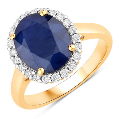 Anillo de oro amarillo de 14K con zafiro azul auténtico de 4.63 quilates y diamante blanco