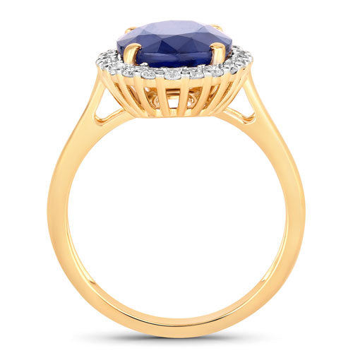 Anillo de oro amarillo de 14K con zafiro azul auténtico de 4.63 quilates y diamante blanco