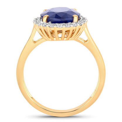 Anillo de oro amarillo de 14K con zafiro azul auténtico de 4.63 quilates y diamante blanco