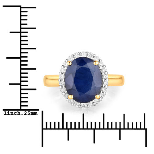 Anillo de oro amarillo de 14K con zafiro azul auténtico de 4.63 quilates y diamante blanco
