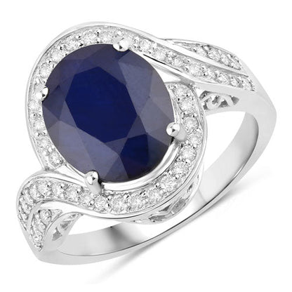Anillo de oro blanco de 14K con zafiro azul auténtico de 4,69 quilates y diamante blanco