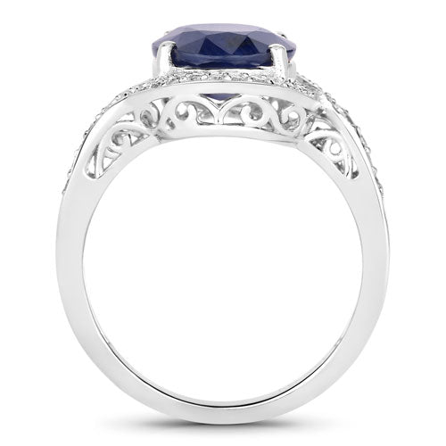 Anillo de oro blanco de 14K con zafiro azul auténtico de 4,69 quilates y diamante blanco