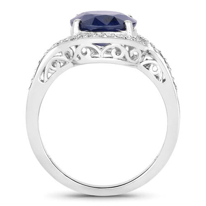Anillo de oro blanco de 14K con zafiro azul auténtico de 4,69 quilates y diamante blanco