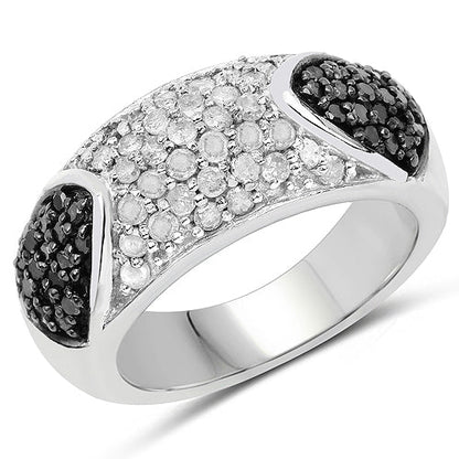 Anillo de Plata Fina .925 con Diamantes Genuinos Negros y Blancos de 0.99 Quilates