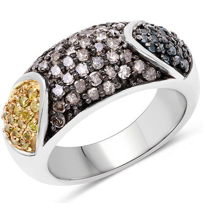 Anillo de plata esterlina .925 con diamante azul genuino de 0,95 quilates, diamante champán y diamante amarillo