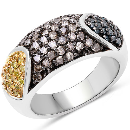 Anillo de plata esterlina .925 con diamante azul genuino de 0,95 quilates, diamante champán y diamante amarillo