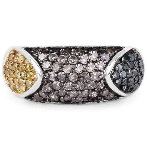 Anillo de plata esterlina .925 con diamante azul genuino de 0,95 quilates, diamante champán y diamante amarillo