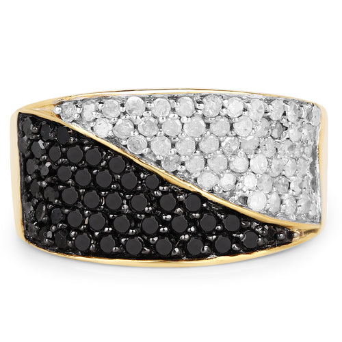 Anillo de plata de ley .925 con baño de oro amarillo de 14 quilates, diamante negro genuino de 1.20 quilates y diamantes blancos