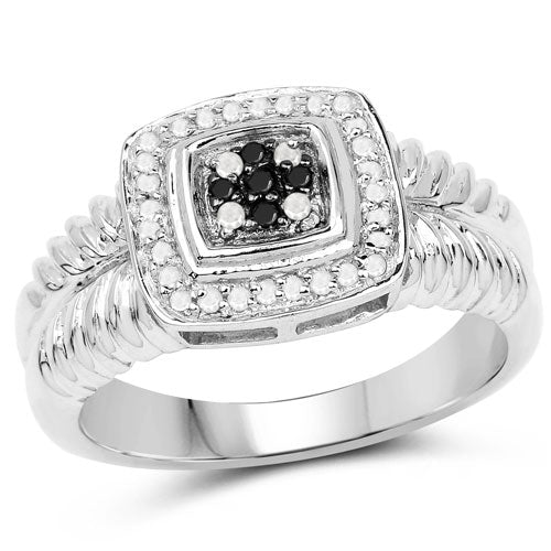 Anillo de plata de ley .925 con diamante negro auténtico de 0,19 quilates y diamante blanco