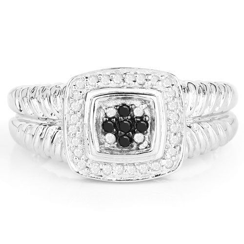 Anillo de plata de ley .925 con diamante negro auténtico de 0,19 quilates y diamante blanco