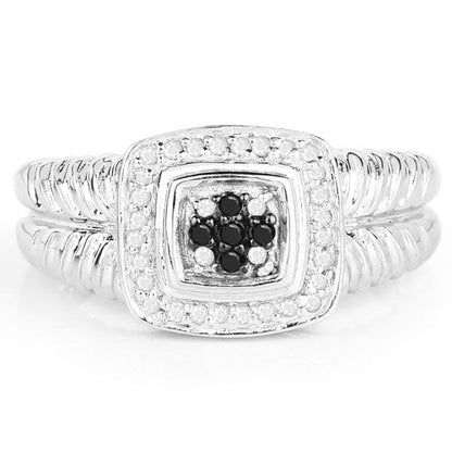 Anillo de plata de ley .925 con diamante negro auténtico de 0,19 quilates y diamante blanco