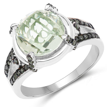 Anillo de plata de ley .925 con amatista verde genuina de 4,06 quilates, diamante verde y diamante blanco
