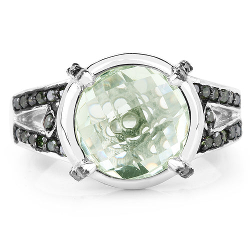 Anillo de plata de ley .925 con amatista verde genuina de 4,06 quilates, diamante verde y diamante blanco