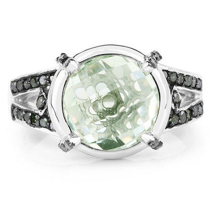 Anillo de plata de ley .925 con amatista verde genuina de 4,06 quilates, diamante verde y diamante blanco