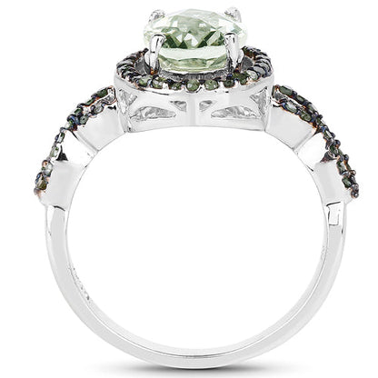 Anillo de plata de ley .925 con amatista verde genuina de 2.09 quilates y diamantes verdes