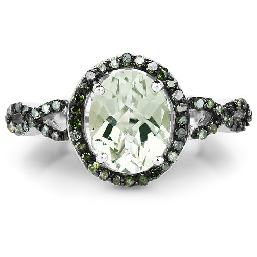 Anillo de plata de ley .925 con amatista verde genuina de 2.09 quilates y diamantes verdes