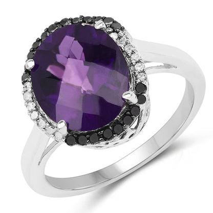 Anillo de plata de ley .925 con amatista genuina de 4.52 quilates, diamantes negros y diamantes blancos