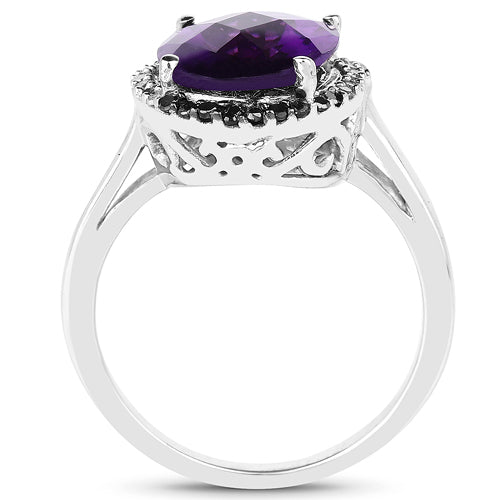 Anillo de plata de ley .925 con amatista genuina de 4.52 quilates, diamantes negros y diamantes blancos
