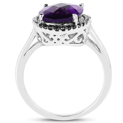 Anillo de plata de ley .925 con amatista genuina de 4.52 quilates, diamantes negros y diamantes blancos