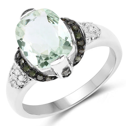 Anillo de plata de ley .925 con 2.92 quilates de amatista verde auténtica, diamante verde y diamante blanco