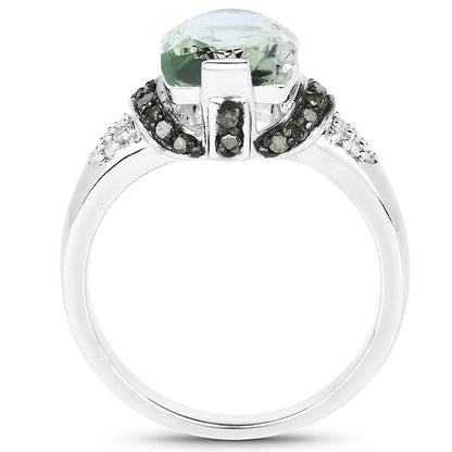Anillo de plata de ley .925 con 2.92 quilates de amatista verde auténtica, diamante verde y diamante blanco