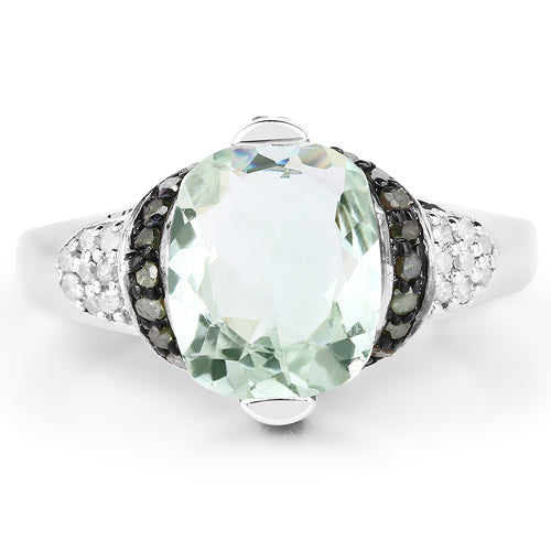 Anillo de plata de ley .925 con 2.92 quilates de amatista verde auténtica, diamante verde y diamante blanco