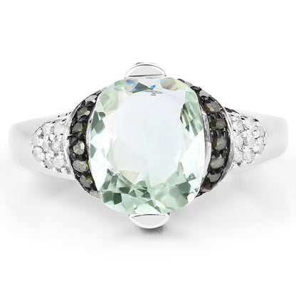 Anillo de plata de ley .925 con 2.92 quilates de amatista verde auténtica, diamante verde y diamante blanco