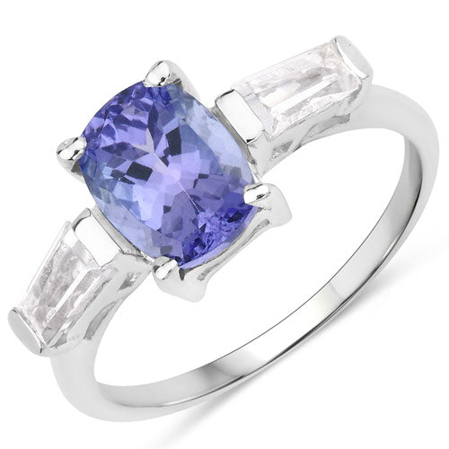 Anillo de plata de ley .925 con tanzanita auténtica de 2,00 quilates y topacio blanco