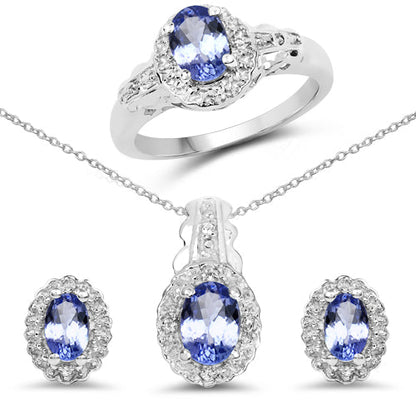 Juego de joyas de 3 piezas de plata esterlina .925 con tanzanita genuina de 2.46 quilates y topacio blanco (anillo, pendientes y colgante con cadena)