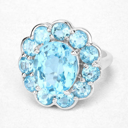 Anillo de plata de ley .925 con topacio azul suizo auténtico de 8.77 quilates