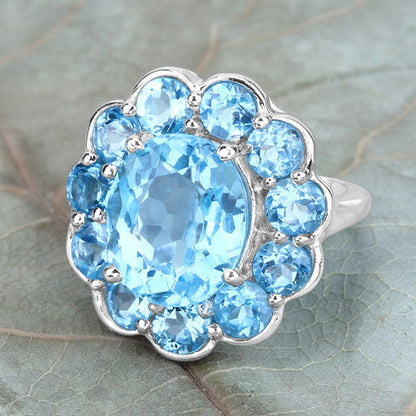 Anillo de plata de ley .925 con topacio azul suizo auténtico de 8.77 quilates