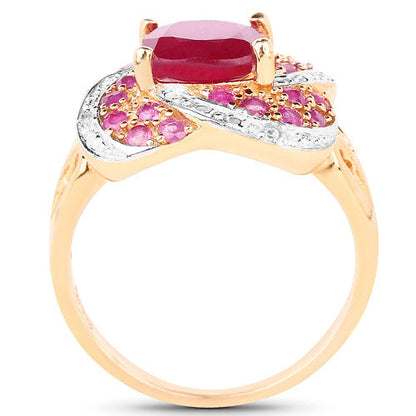 Anillo de plata de ley .925 chapado en oro rosa de 14 quilates con rubí relleno de cristal de 3,88 quilates, rubí y topacio blanco