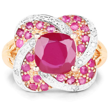 Anillo de plata de ley .925 chapado en oro rosa de 14 quilates con rubí relleno de cristal de 3,88 quilates, rubí y topacio blanco