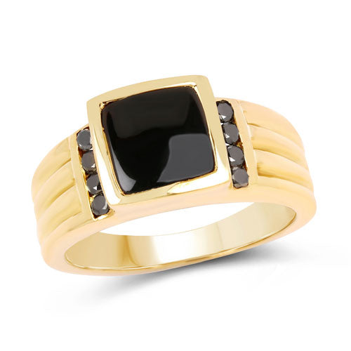 Anillo de plata de ley .925 con ónix negro auténtico de 2,16 quilates y diamantes negros