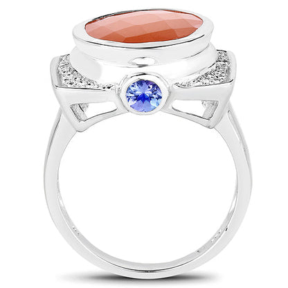 Anillo de plata de ley .925 con piedra lunar melocotón genuina de 5.99 quilates, tanzanita y topacio blanco