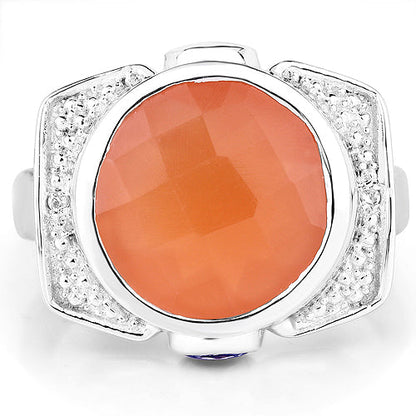 Anillo de plata de ley .925 con piedra lunar melocotón genuina de 5.99 quilates, tanzanita y topacio blanco