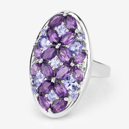 Anillo de plata de ley .925 con amatista, tanzanita y topacio blanco genuinos de 3,13 quilates