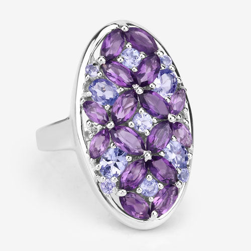 Anillo de plata de ley .925 con amatista, tanzanita y topacio blanco genuinos de 3,13 quilates
