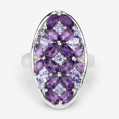 Anillo de plata de ley .925 con amatista, tanzanita y topacio blanco genuinos de 3,13 quilates