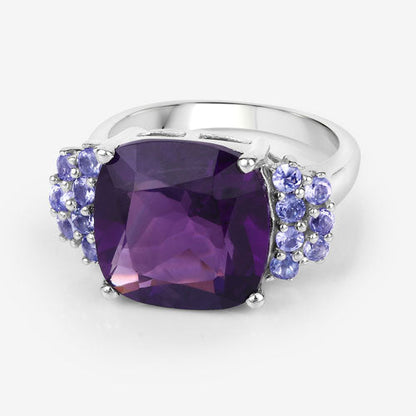 Anillo de Plata de Ley .925 con Amatista Genuina y Tanzanita de 6.34 Quilates
