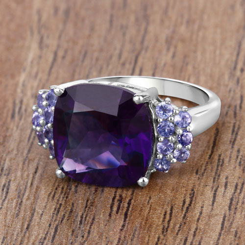 Anillo de Plata de Ley .925 con Amatista Genuina y Tanzanita de 6.34 Quilates