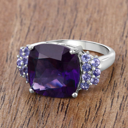 Anillo de Plata de Ley .925 con Amatista Genuina y Tanzanita de 6.34 Quilates