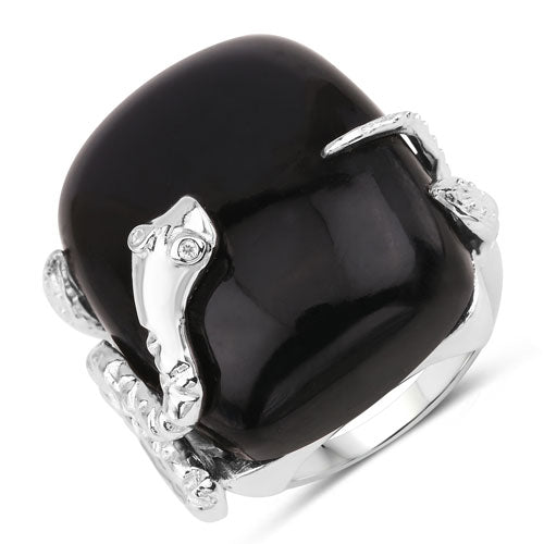 Anillo de plata de ley .925 con ónix negro auténtico de 21,04 quilates y topacio blanco