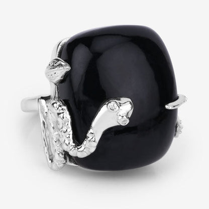 Anillo de plata de ley .925 con ónix negro auténtico de 21,04 quilates y topacio blanco