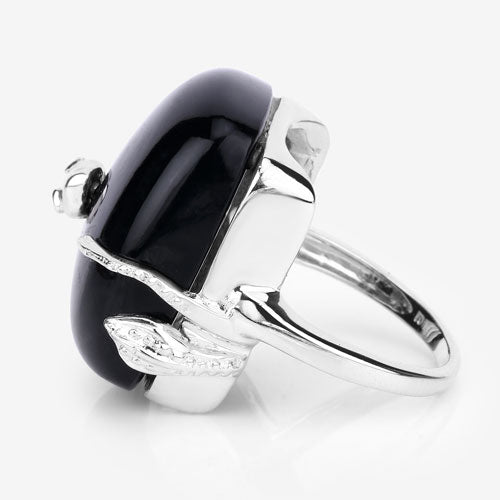 Anillo de plata de ley .925 con ónix negro auténtico de 21,04 quilates y topacio blanco