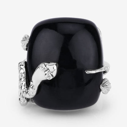 Anillo de plata de ley .925 con ónix negro auténtico de 21,04 quilates y topacio blanco