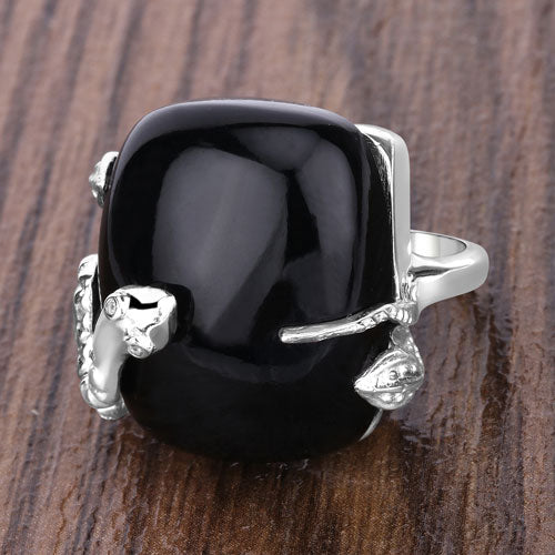 Anillo de plata de ley .925 con ónix negro auténtico de 21,04 quilates y topacio blanco