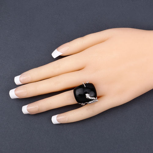 Anillo de plata de ley .925 con ónix negro auténtico de 21,04 quilates y topacio blanco