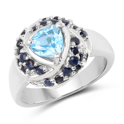 Anillo de Plata de Ley .925 con Topacio Azul Suizo y Zafiro Azul Genuinos de 1.61 Quilates